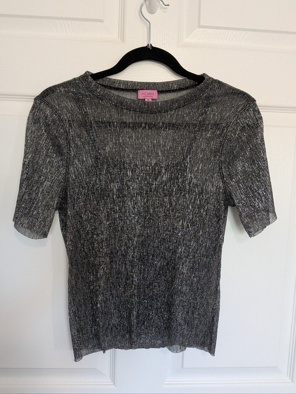 Francesca's Mi Ami Metallic Silver Shimmer Mesh Top - Size M